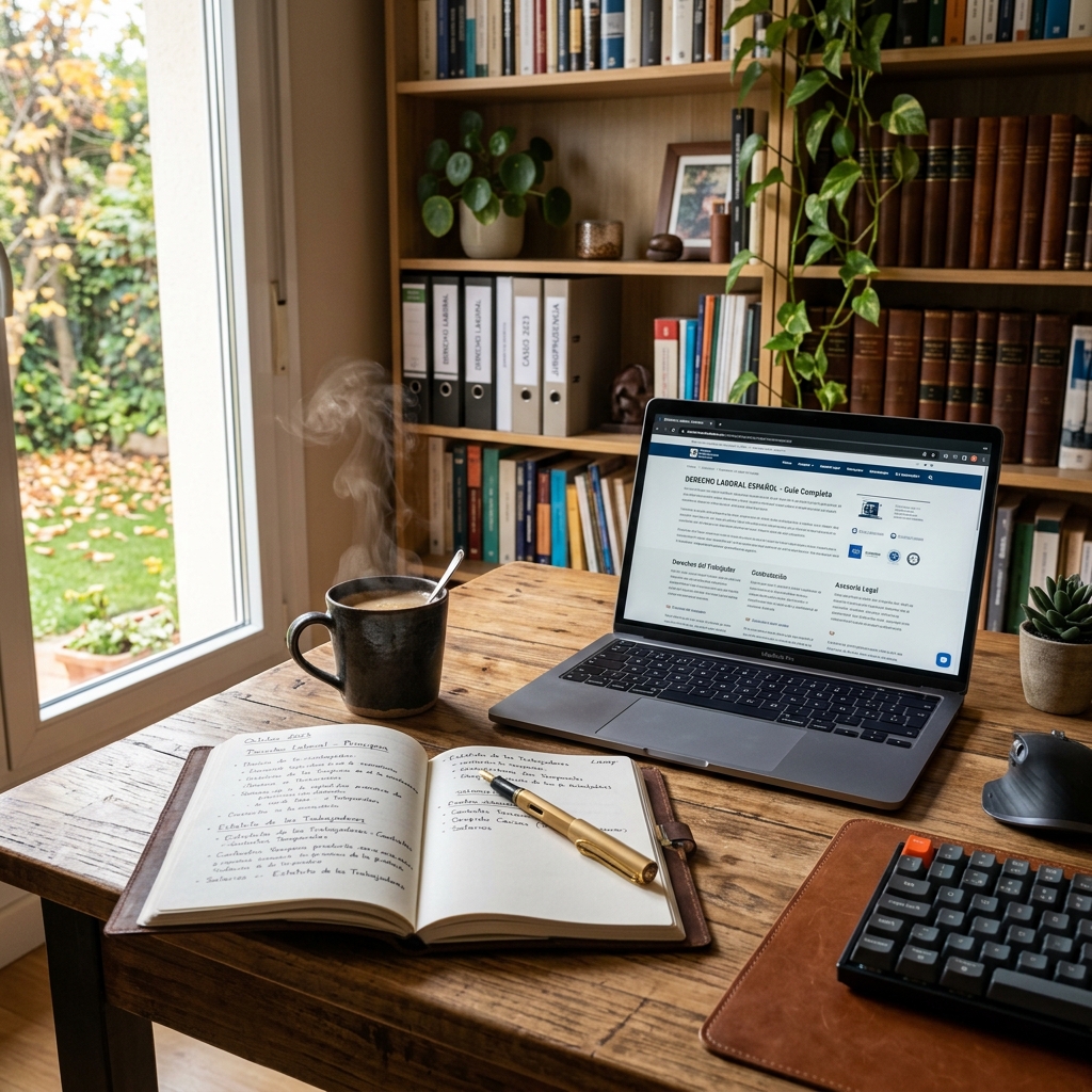 Escritorio de estudio y lectura de artículos sobre derecho del trabajo